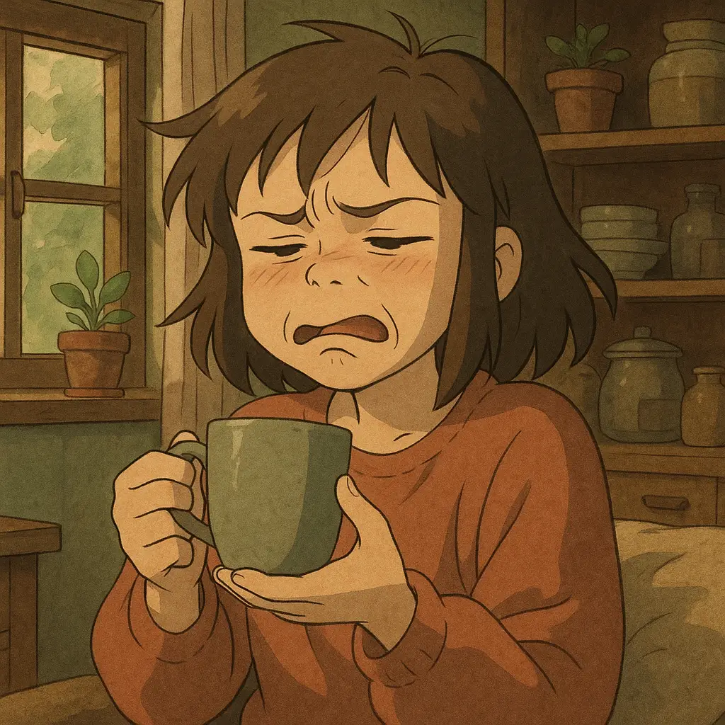A girl grimacing after sipping stale coffee, showing the disappointment of losing coffee beans freshness.