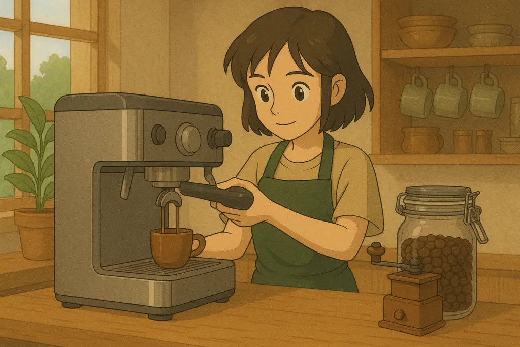 A home barista pulling a shot of espresso using specialty coffee beans from The Beans Hub.